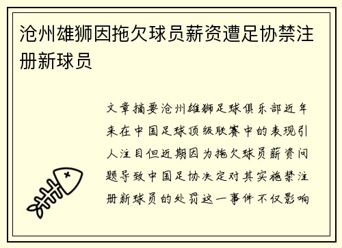 沧州雄狮因拖欠球员薪资遭足协禁注册新球员 沧州雄狮因拖欠球员薪资遭足协禁注册新球员